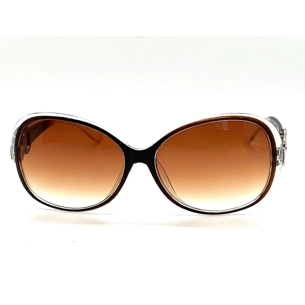 Designer Style Oversize Oval Sunglasses Women Brown Gradient Lenses Chain Detail